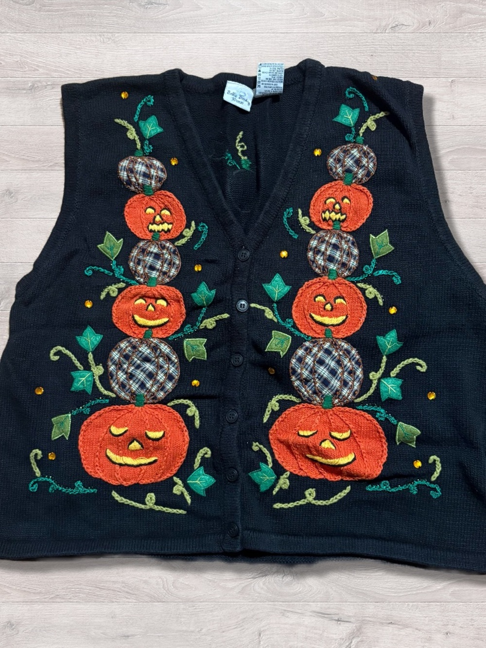 Bobbie Brooks Vintage Halloween Pumpkin Patch Sweater Vest Knit 90s Teacher